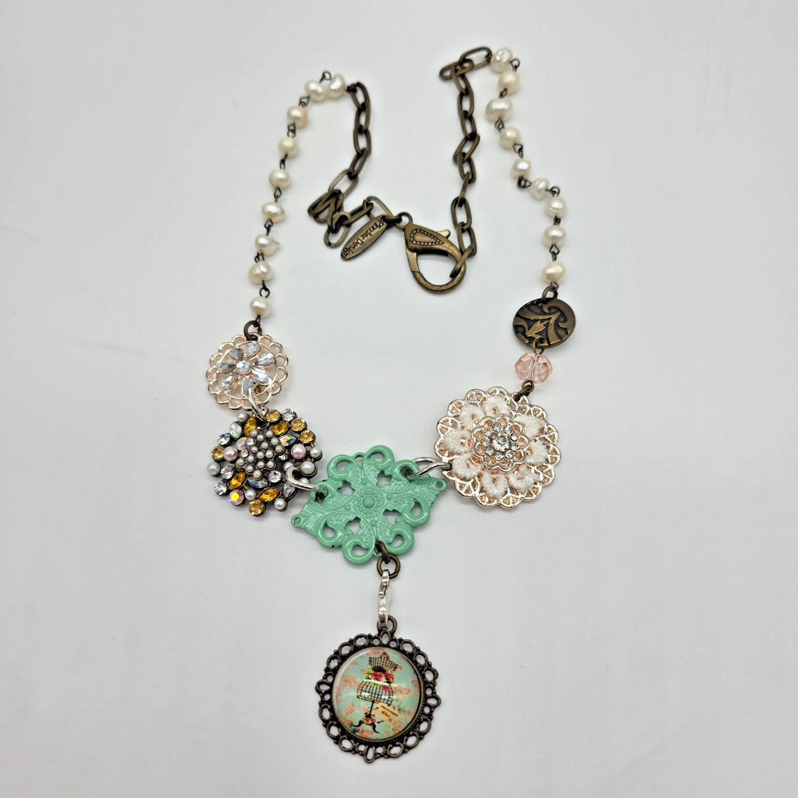 Plunder MARY Antique Bronze Pearl Crystal Flower Dress Mannequin Necklace 20”