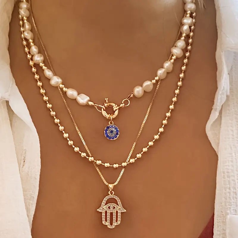 Elegant Layered Imitation Pearl Necklace for Women Rhinestone Alloy Jewelry Gift