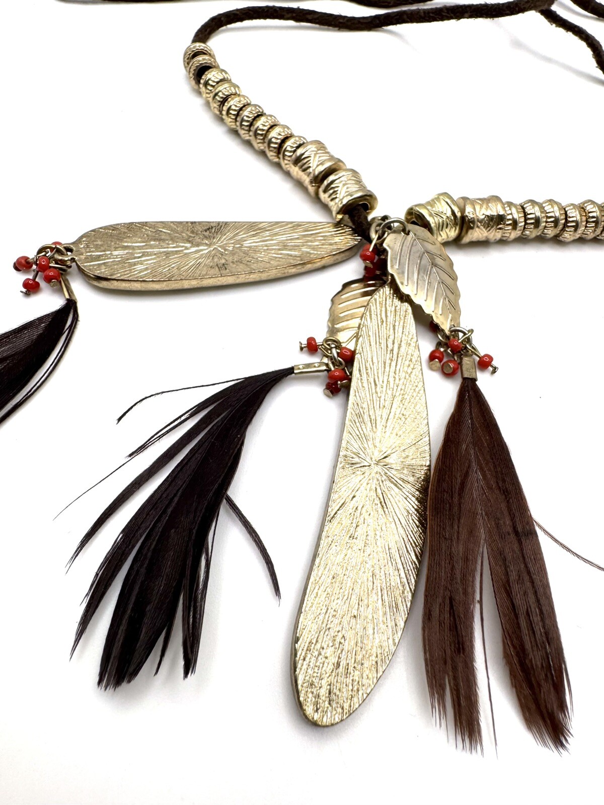 Indian Feather Tassel Necklace Brown Red 46”