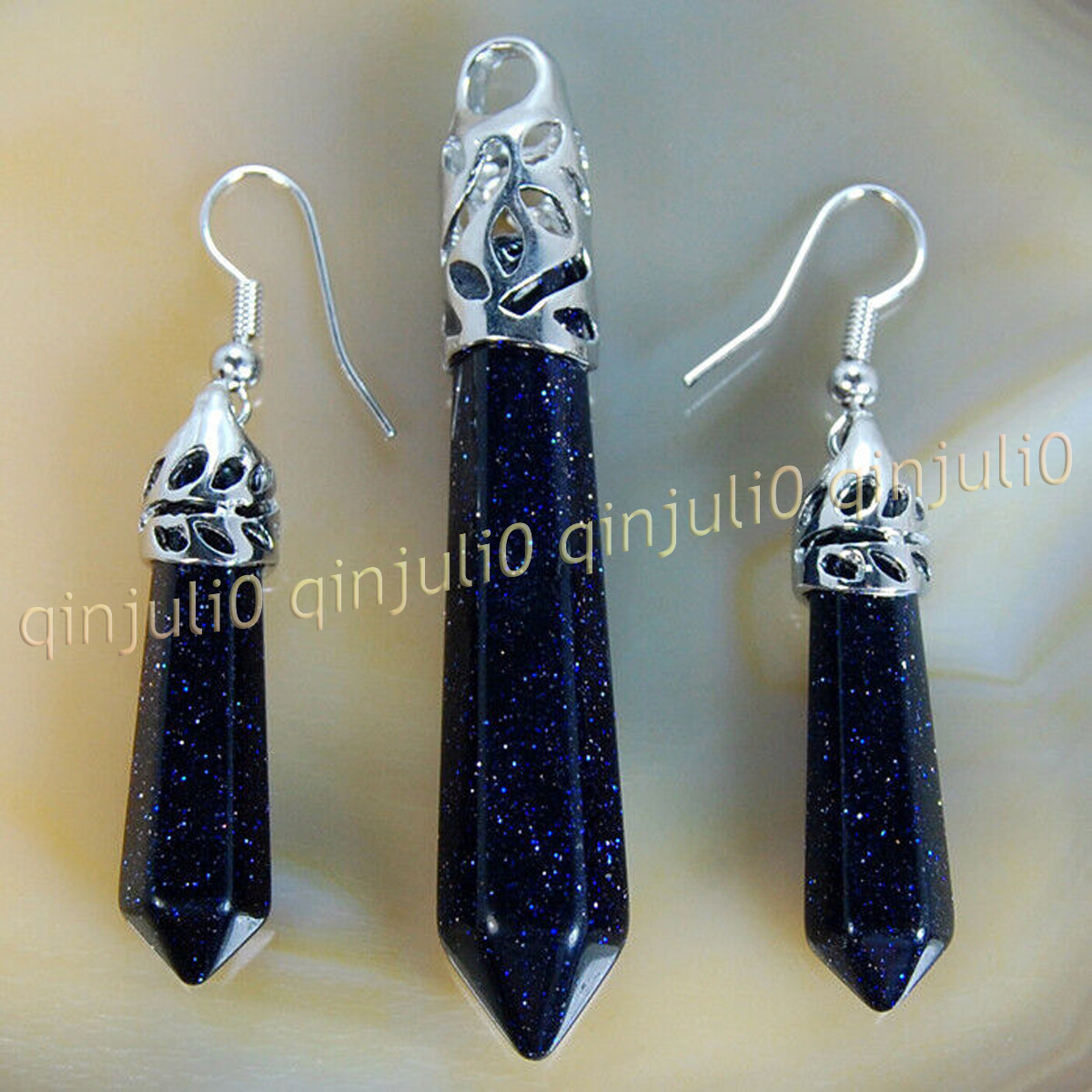 1 Set Natural Gemstones Hexagonal Pointed Reiki Chakra Pendant Earrings Jewelry