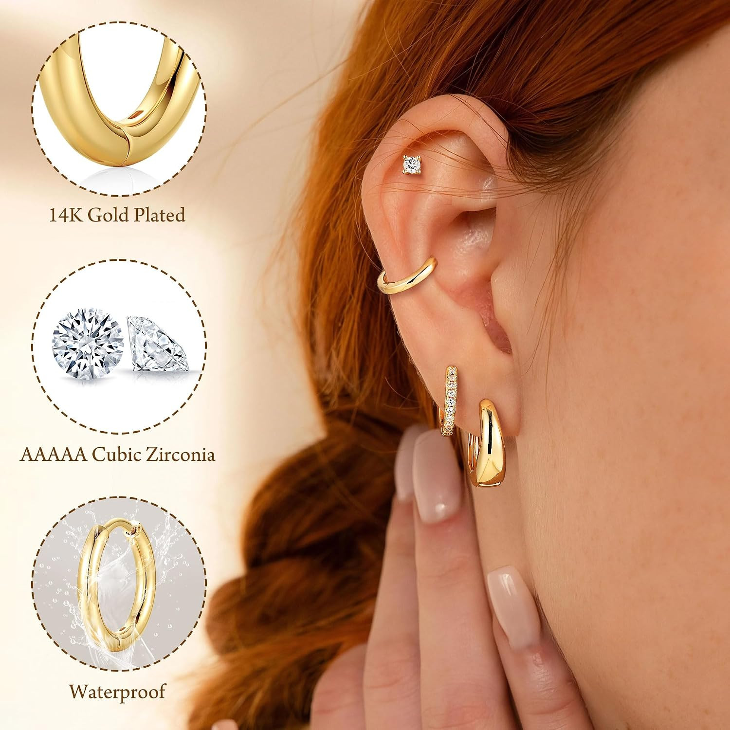 Gold Hoop Earrings Set for Women, Hypoallergenic Flat Back Stud Earrings for Sen