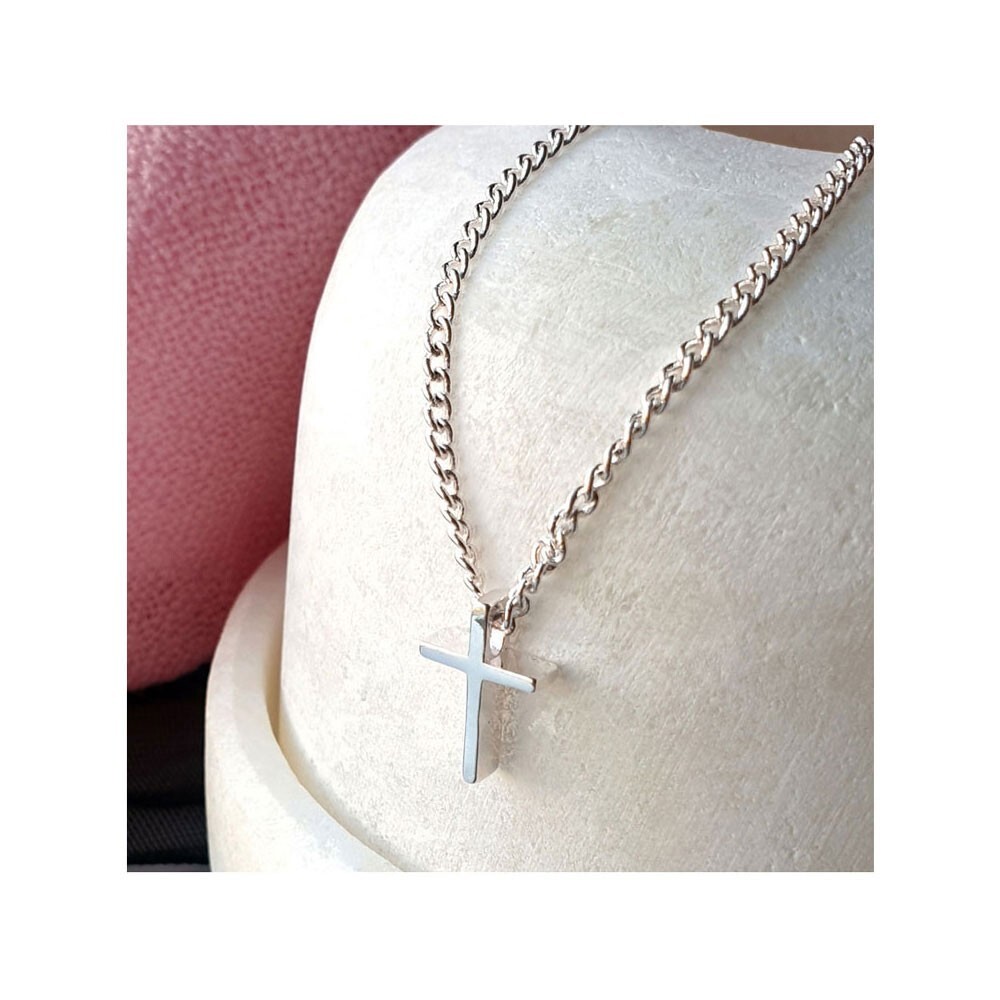 16″+2″WOMEN 925 STERLING SILVER SMALL PLAIN CROSS PENDANT CHAIN NECKLACE*AWN15