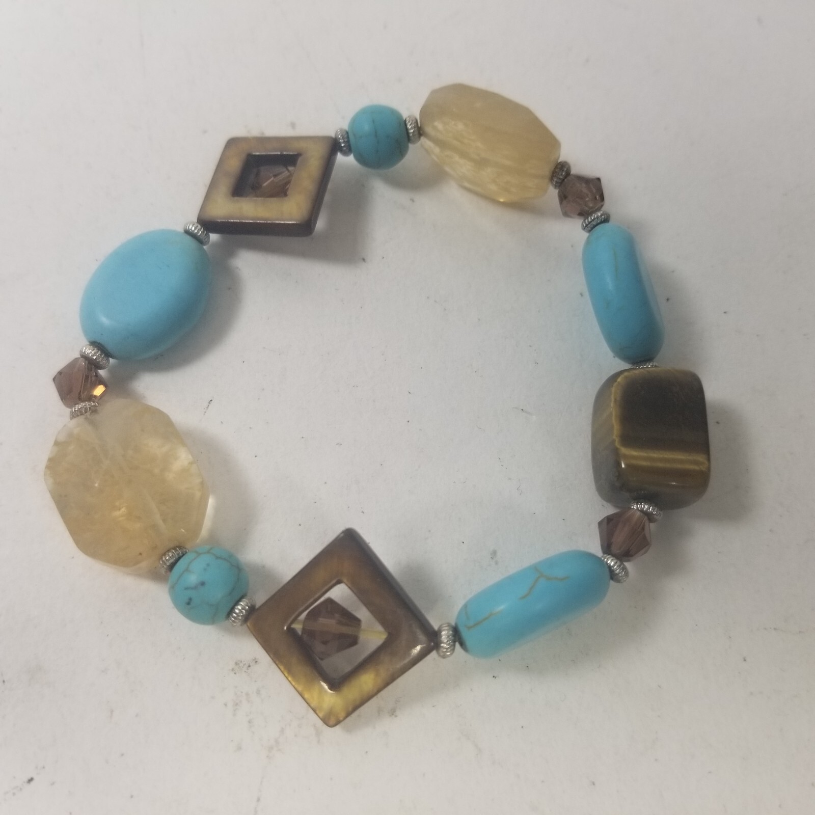 Faux Turquoise & Brown Beads Stretch Bracelet Square Silver Tone