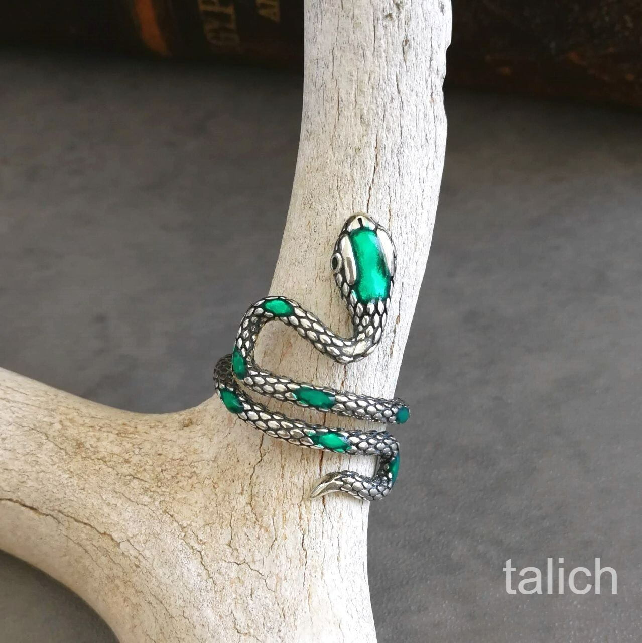 925 Sterling Silver Green Enamel Snake Serpent Ring Adjustable Unique Gothic