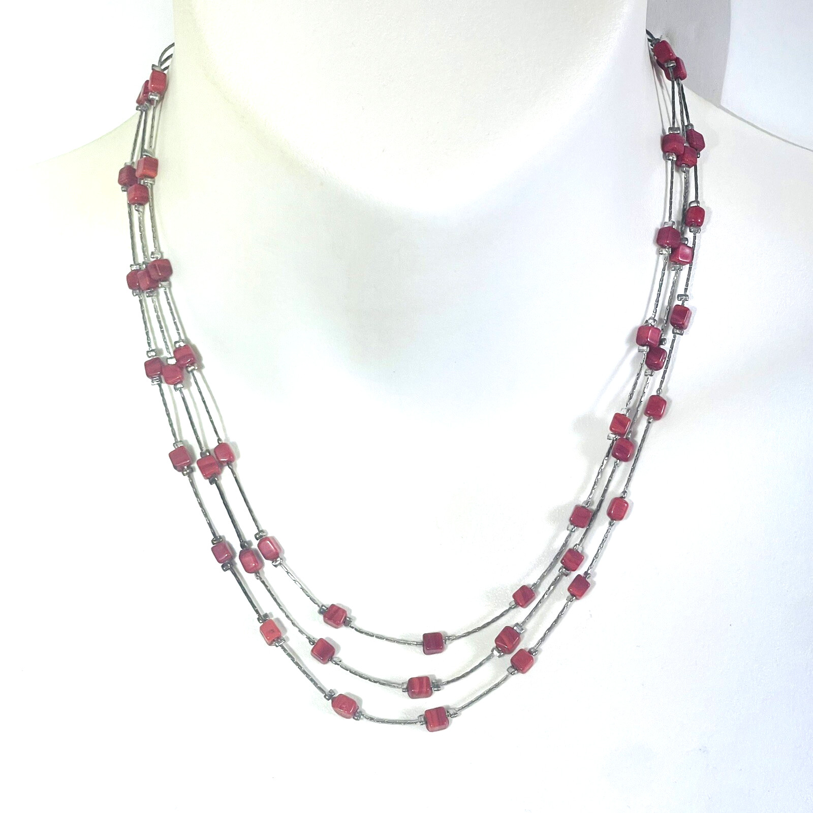 ZAD Beaded Multi Strand Red Stone Silver Tone 16″ Necklace 2.5″ Extension