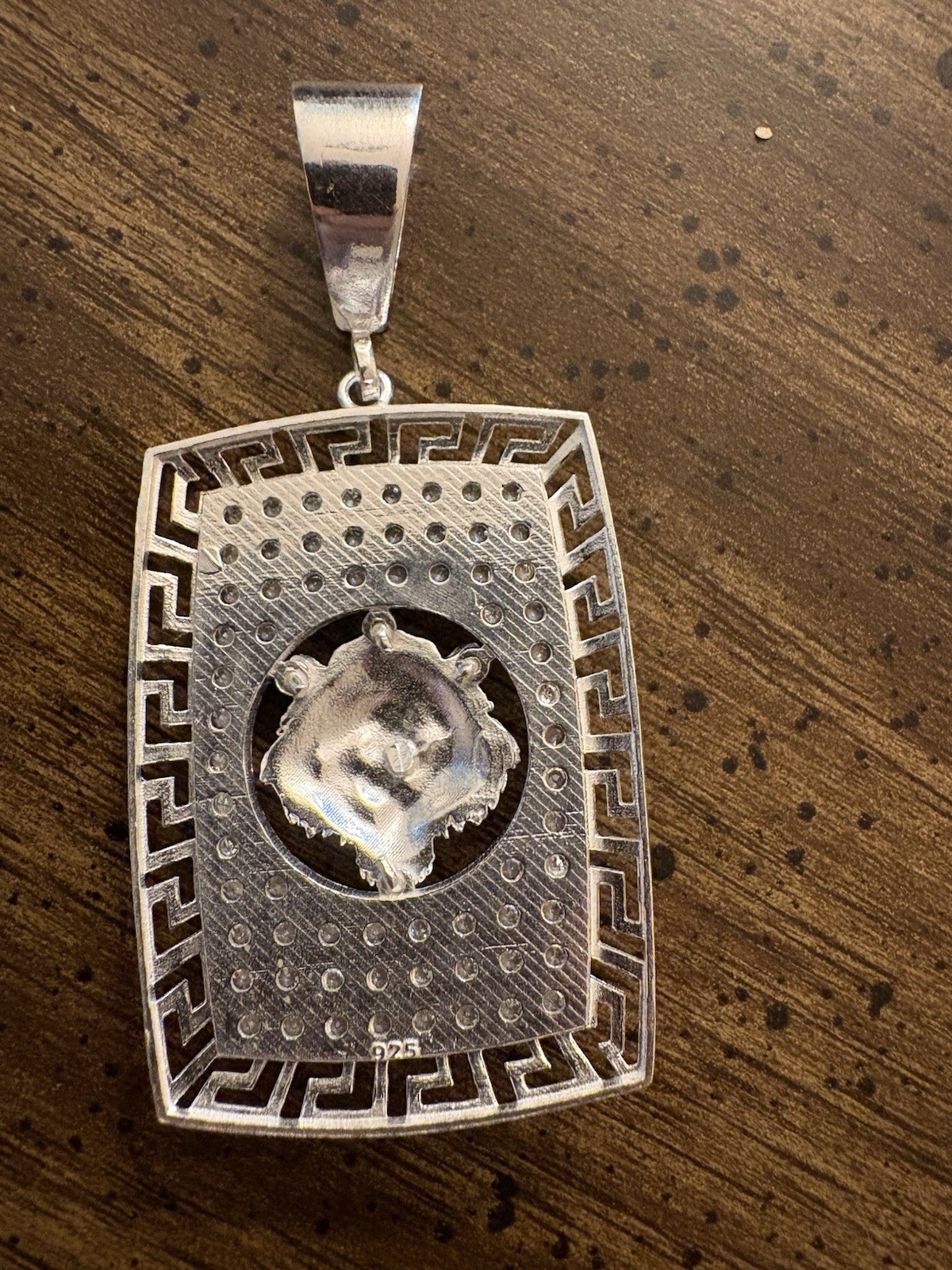 Silver Tone CZ Pavé Rectangle Medusa Lion Head Pendant Greek Key Hip Hop