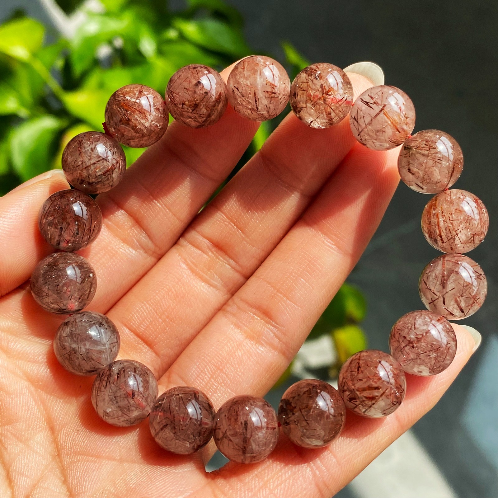 11.3mm Natural Red Rutilated Quartz Crystal Beads Bracelet 2917