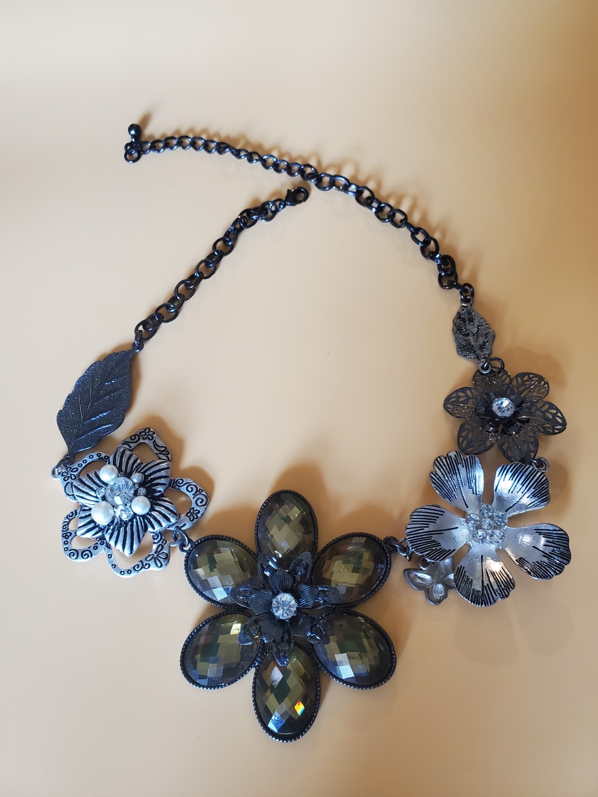 Park Lane Statement Necklace Crystal Pearl Flowers Leaves Butterfly Black Chain