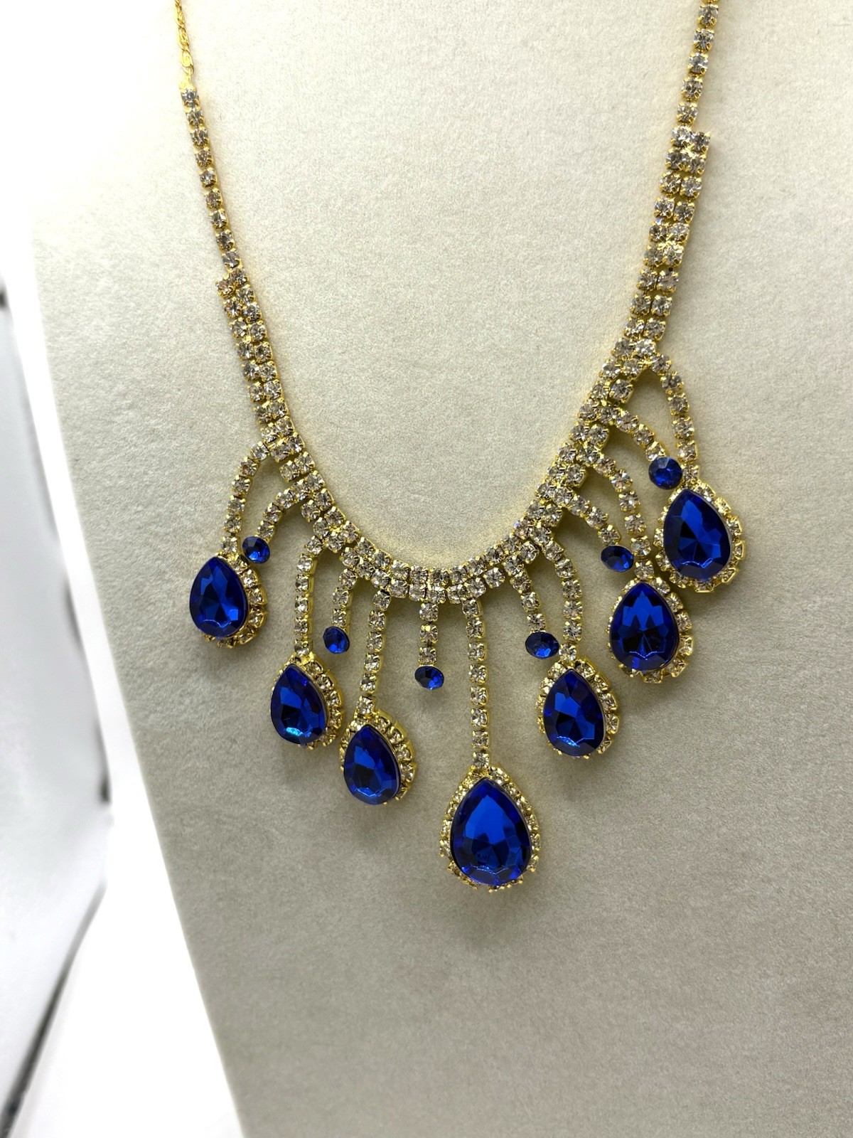 Gold Tone Saphire Blue & Crystal Dangle Bib Necklace Statement Necklace