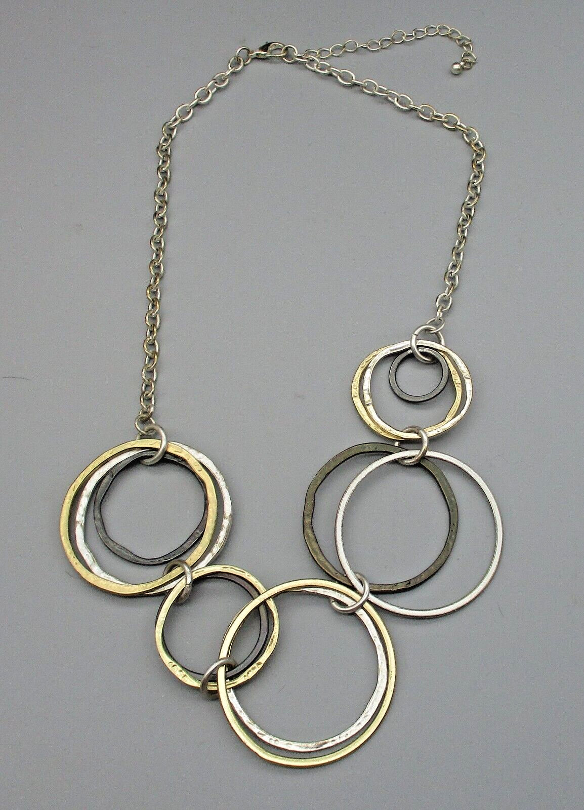 Mixed Sizes Silver Bronze Gold Color Rings Silvertone Statement Necklace
