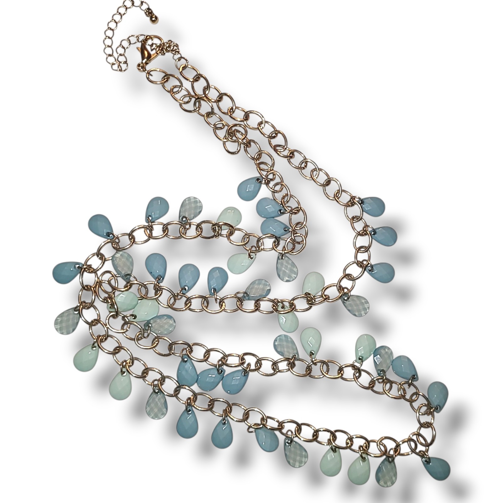 Gold Tone Teardrop Charm Necklace Blue Acrylic Bead Fringe Adjustable 32-35in