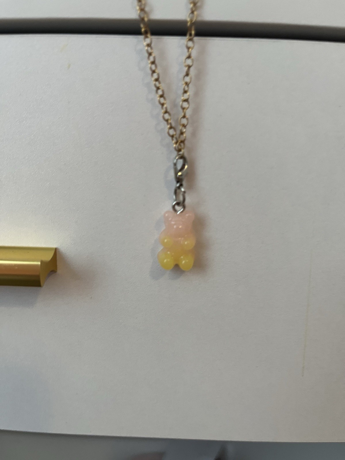 Gold Tone Cable Chain Necklace Bear Charm Pendant Lobster Clasp Plastic