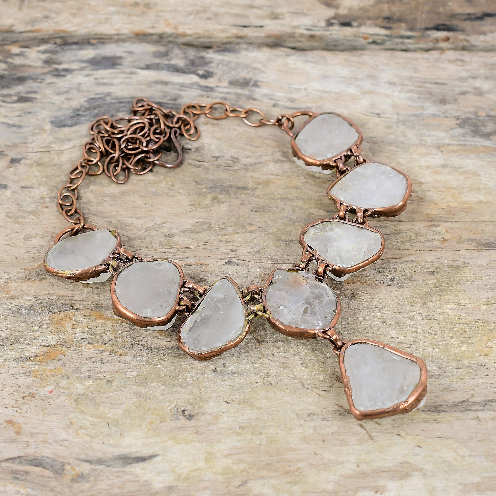 Rainbow Moonstone Rough Electroformed Chain Adjustable Necklace Copper 18.0″