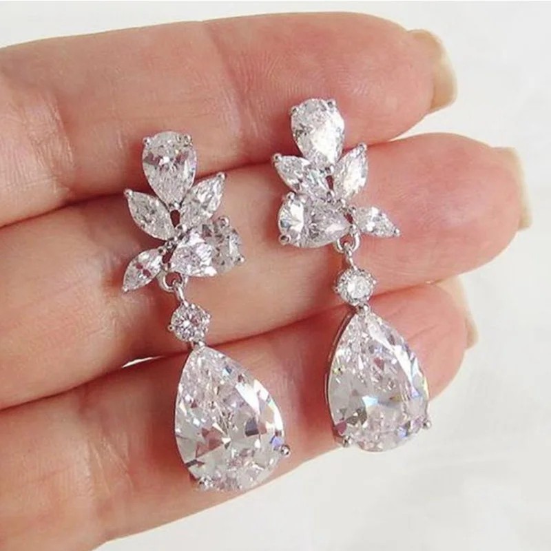 Crystal Drop Earrings Cubic Zirconia Silver Color Trendy Fashion Jewelry