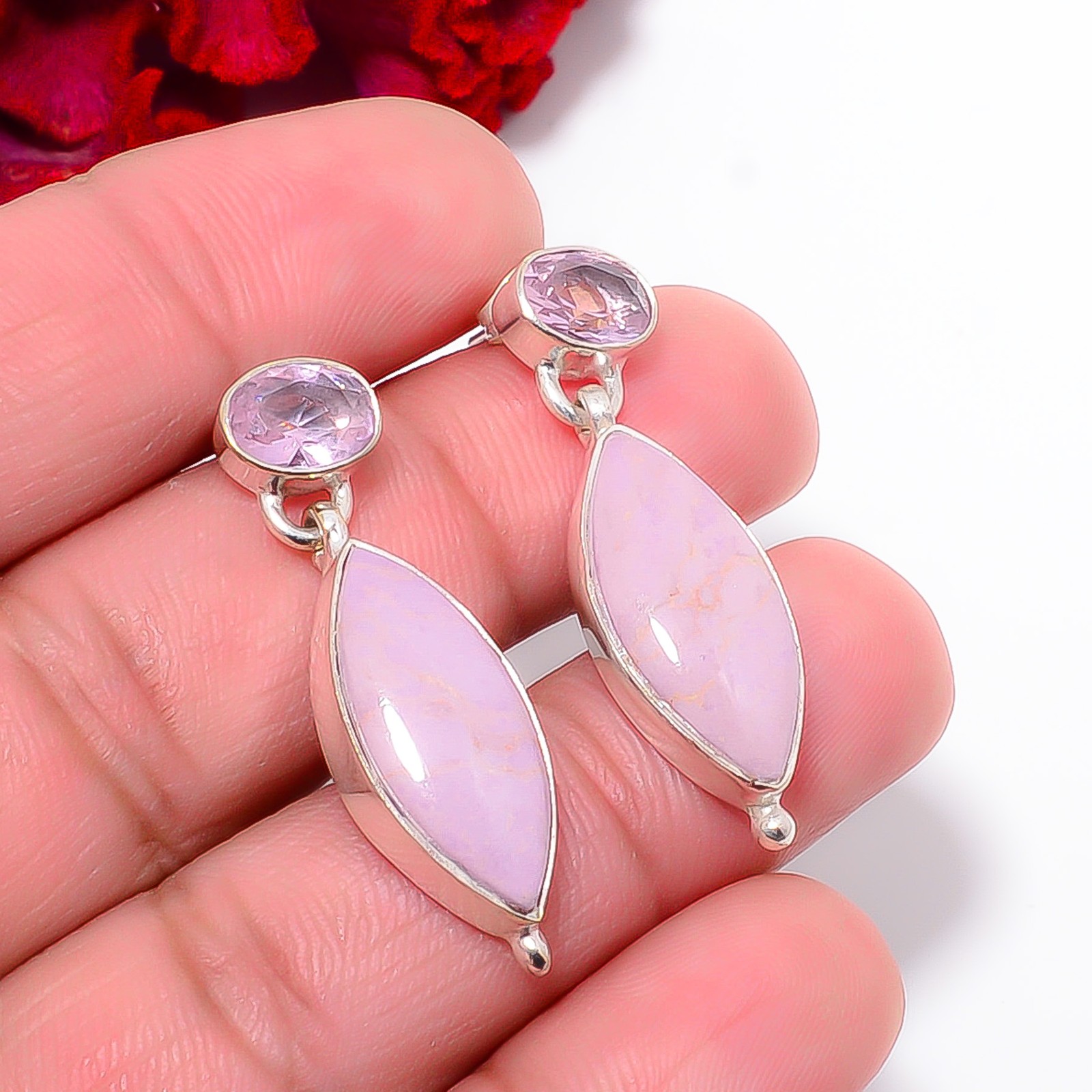 Phosphosiderite – Argentina & Pink Kunzite 925 Sterling Silver Earring 1.37″ E30