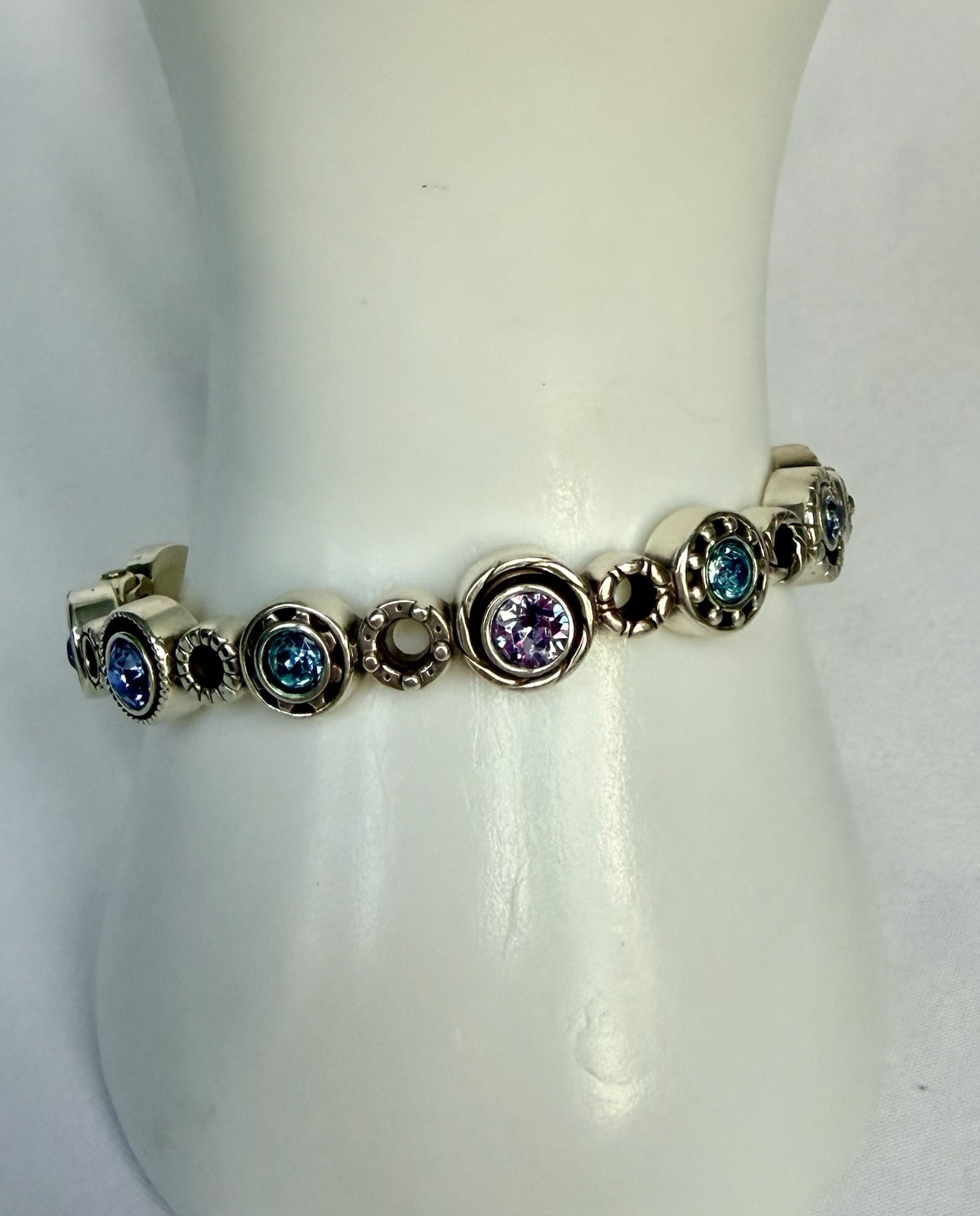 Brighton Halo Burst Hinged Bangle Bracelet Silver Plated Blue Purple Stones 2.5″