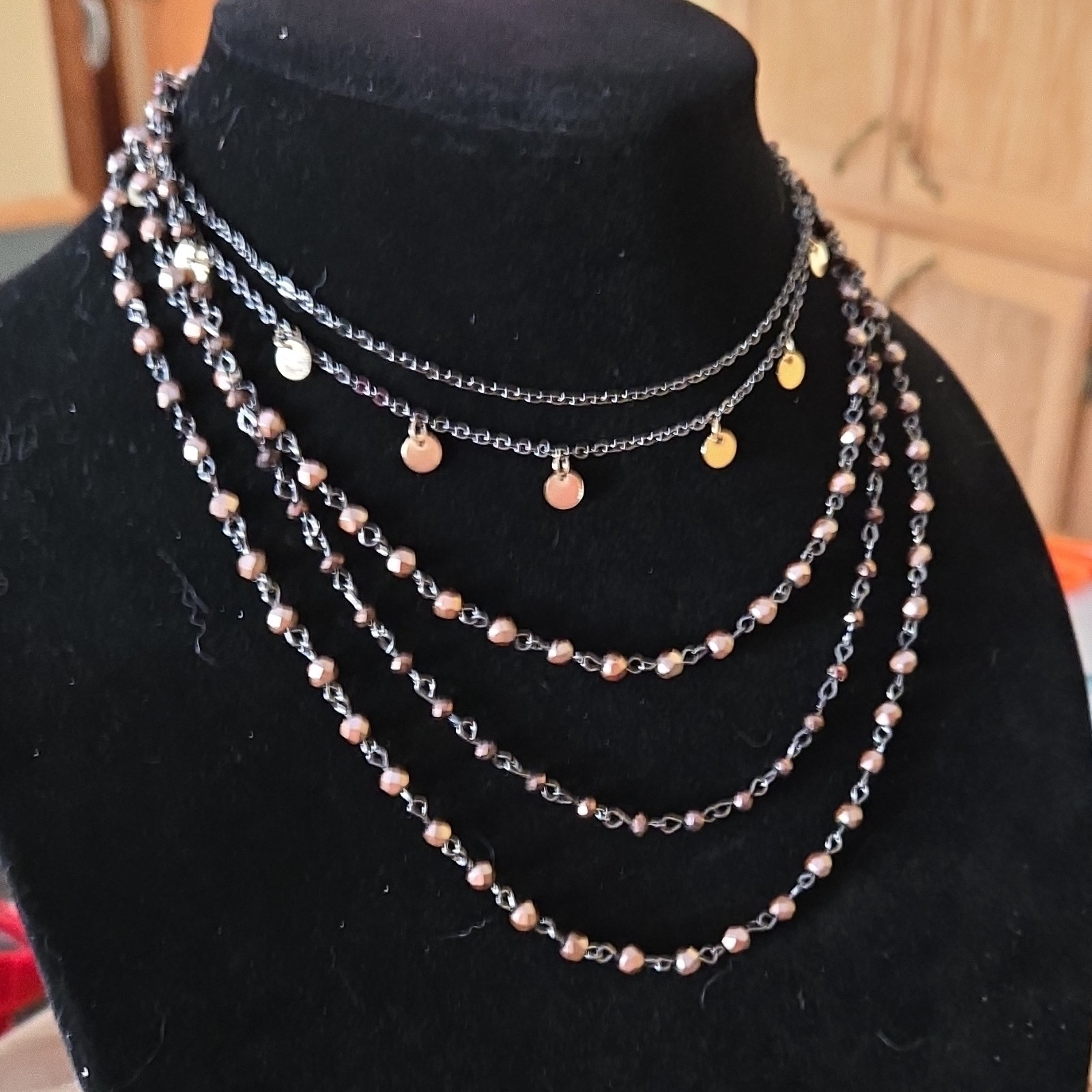 Layered Beaded Chain Necklace Black Gold Bronze Round Beads Cable Lobster Clasp