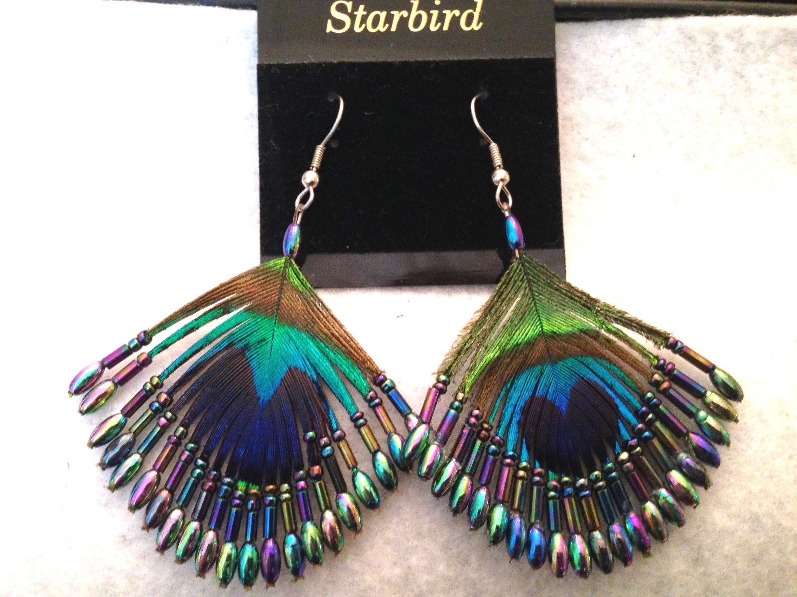 PEACOCK FEATHER BEADED EARRINGS AURORA BOREALIS 80’s VINTAGE