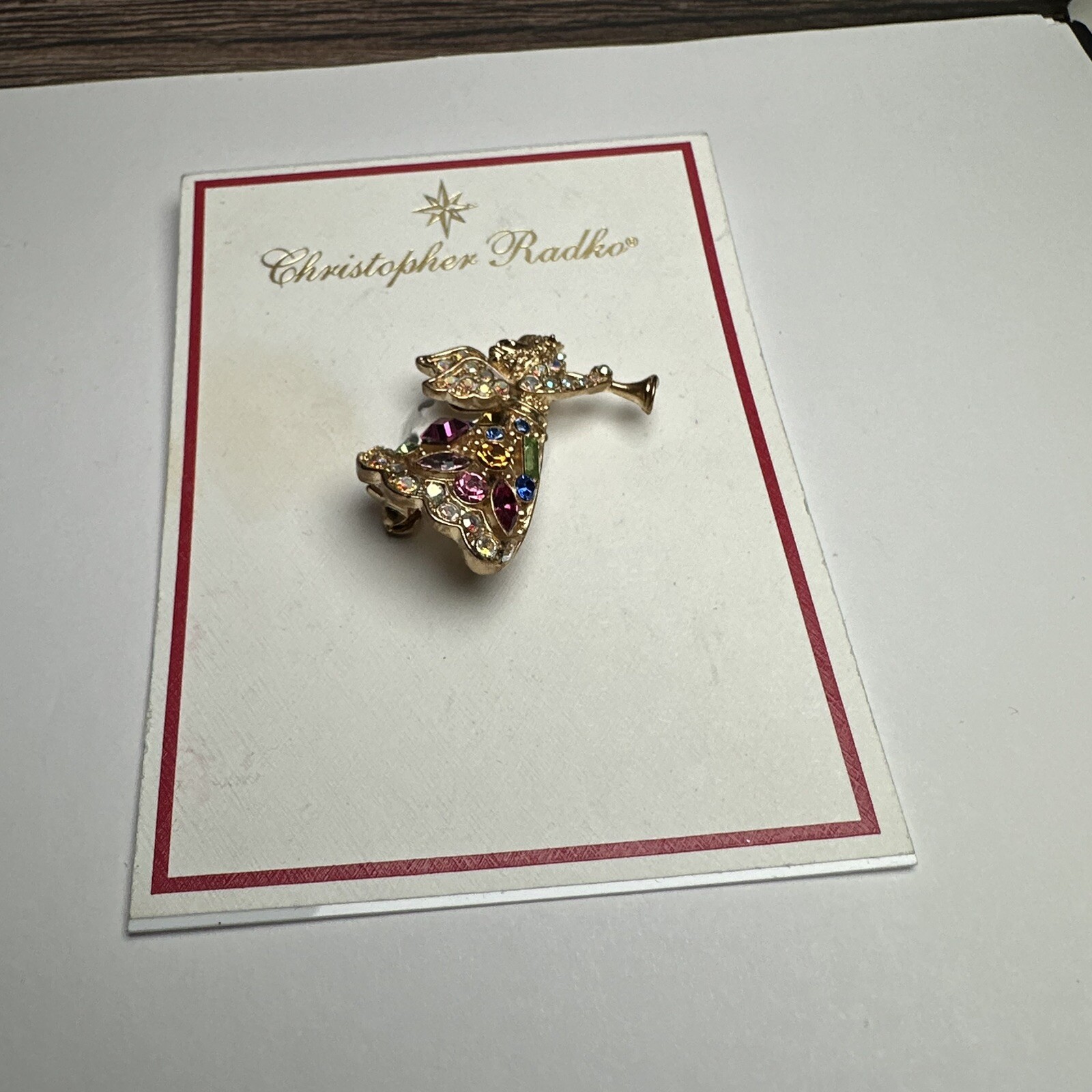 Christopher Radko Rhinestone Angel Multi Color Christmas Gold Tone Brooch Pin