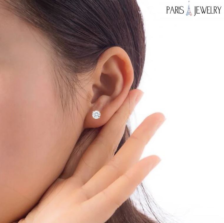 14K White Solid Gold 1/4ct Simulated White Diamond Round Earrings, Paris Jewelry