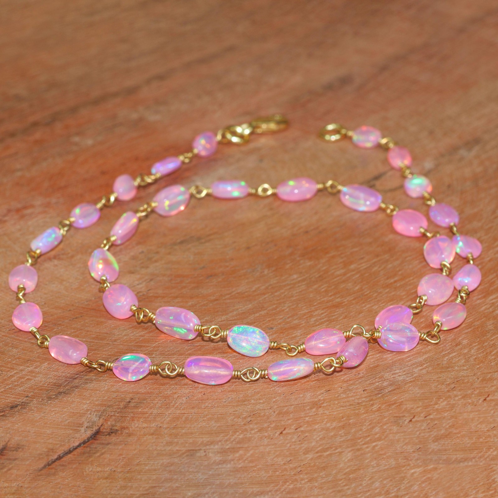 Genuine Pink Opal Tumble Beads Wire Wrap Necklace, Delicate Ethiopian Opal Beads