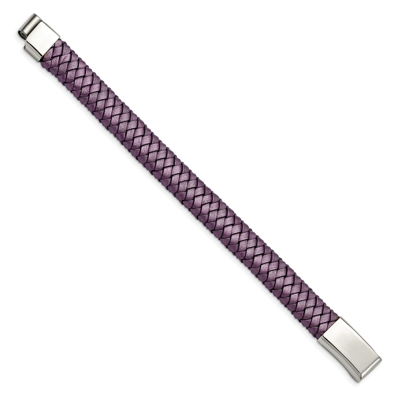 Chisel Stainless Steel Polished Metallic Purple Braided Leather 7.5 inch Bracele