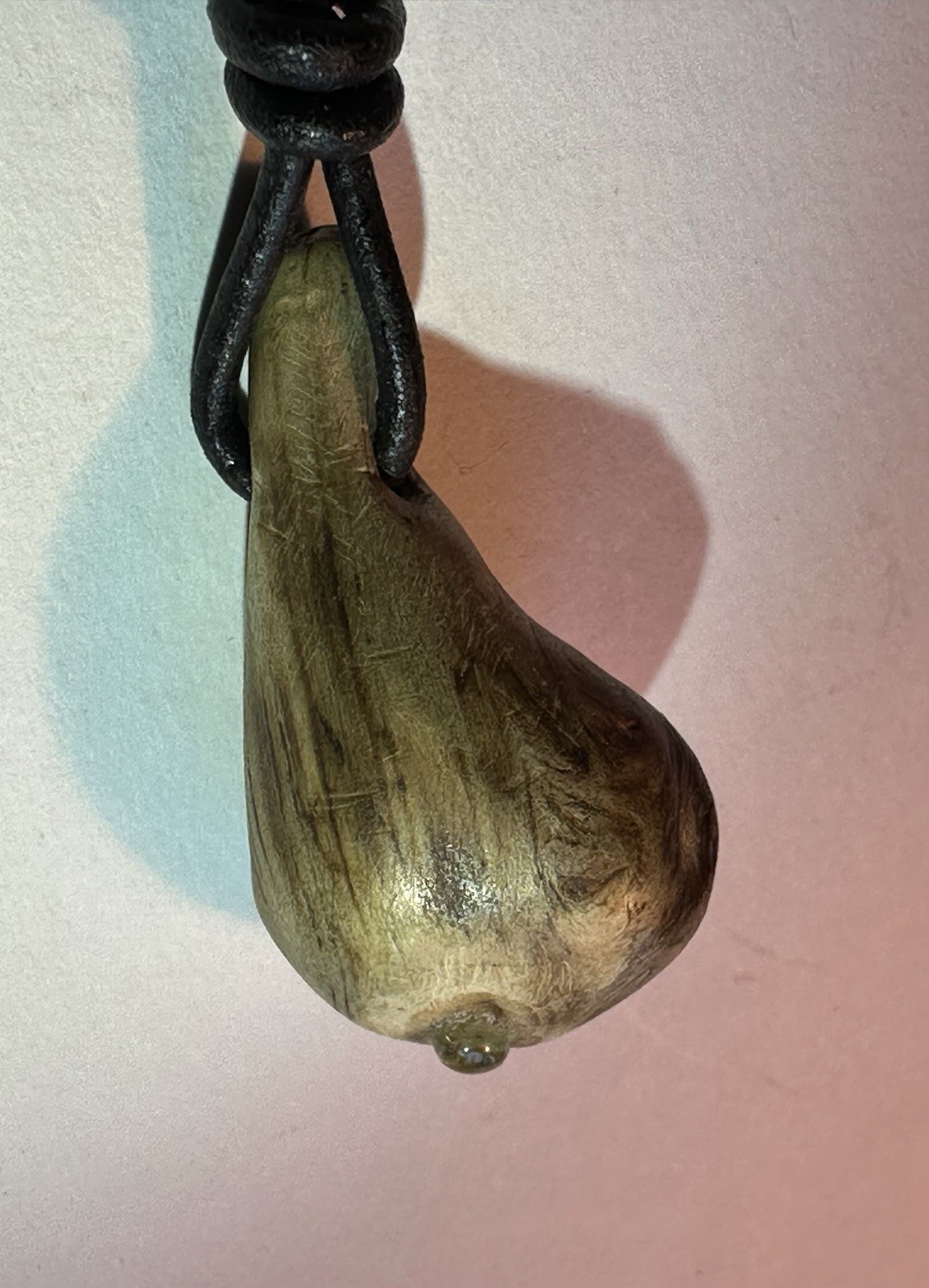 Oregon Mini Burl Wood Teardrop Pendant w Green Peridot, Leather Adjustable Cord