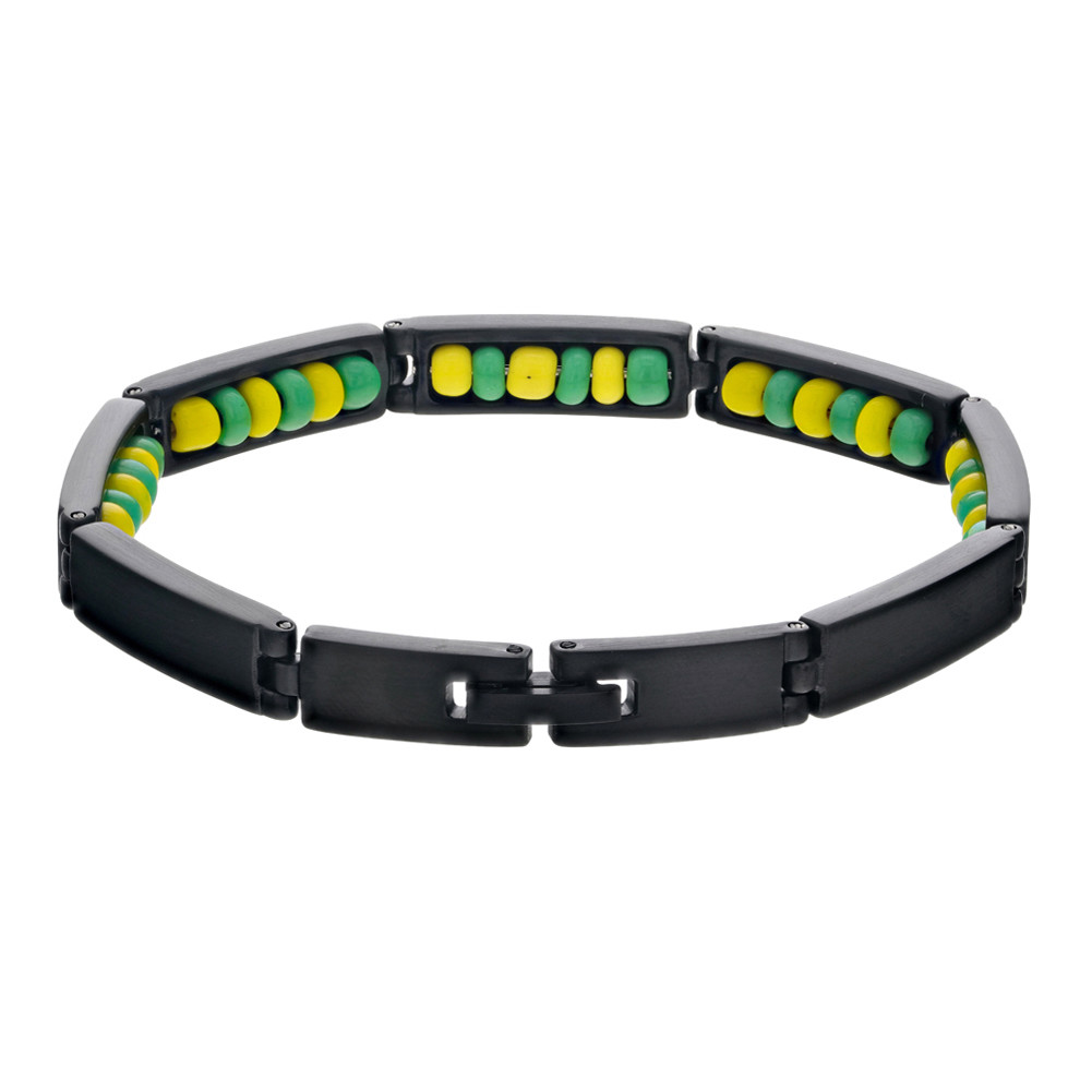 Black Stainless Steel Santeria Babalawo Green Yellow Ilde de Orula Bracelet 8″