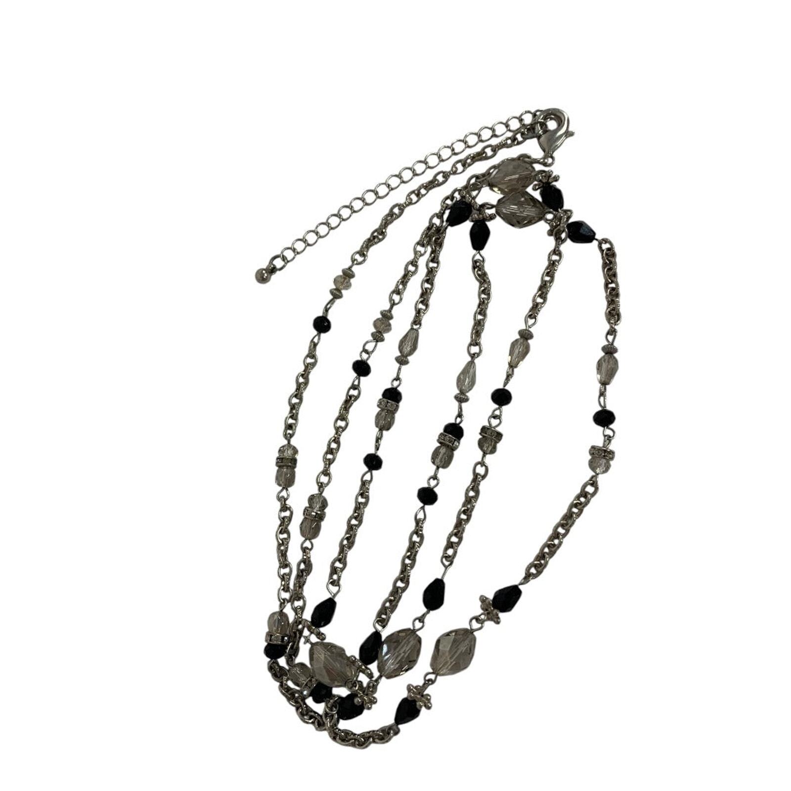 Long Strand String Necklace 42 Inches Silvertone Black Lobster Clasp
