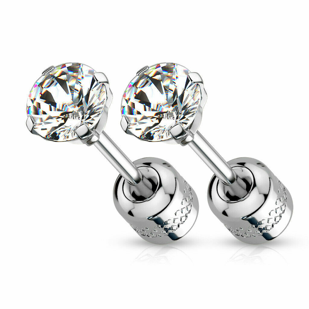 PAIR Prong Set CZ Stud Earrings with Gem Centered Screw Back Surgical Steel PE30