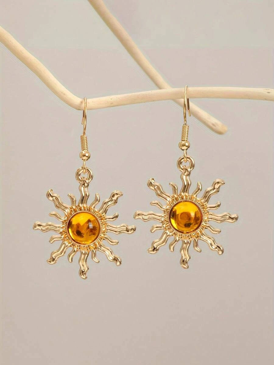 1 pair Boho Sunflower Jade Earrings Gold Plated Baroque Dangle Women