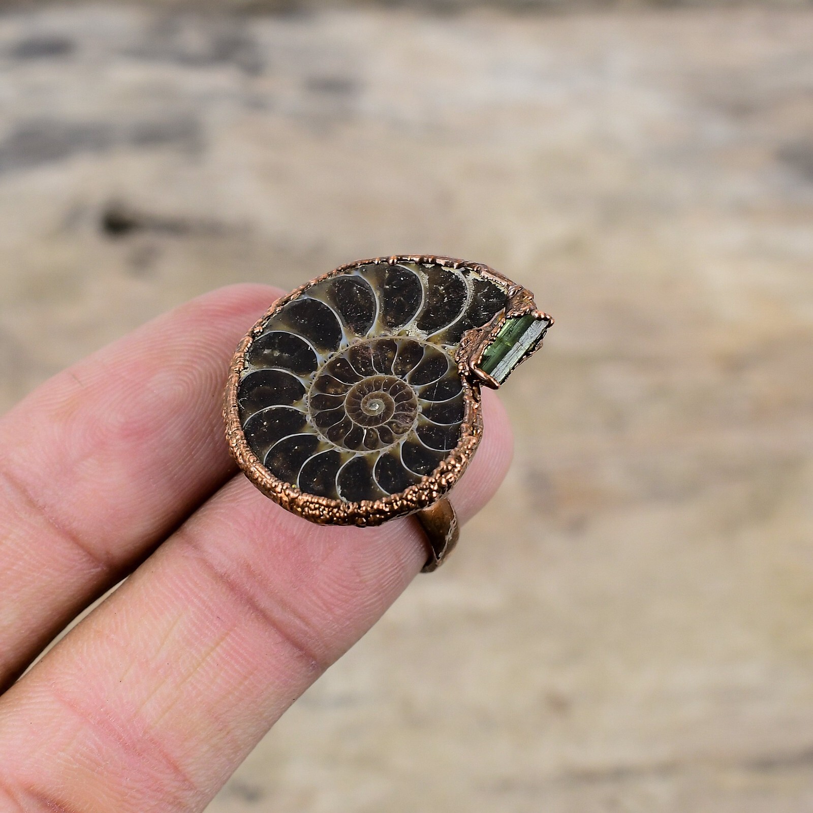 Ammonite Fossil Copper Electroformed Solitaire Adjustable Ring Size Adjustable