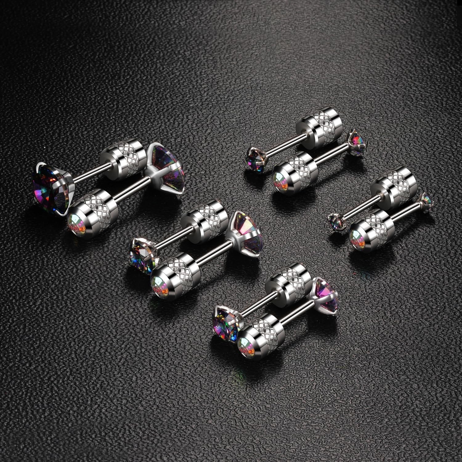 5 Pairs Titanium Screw Back Stud Earrings with Colorful Cubic Zirconia Inlay