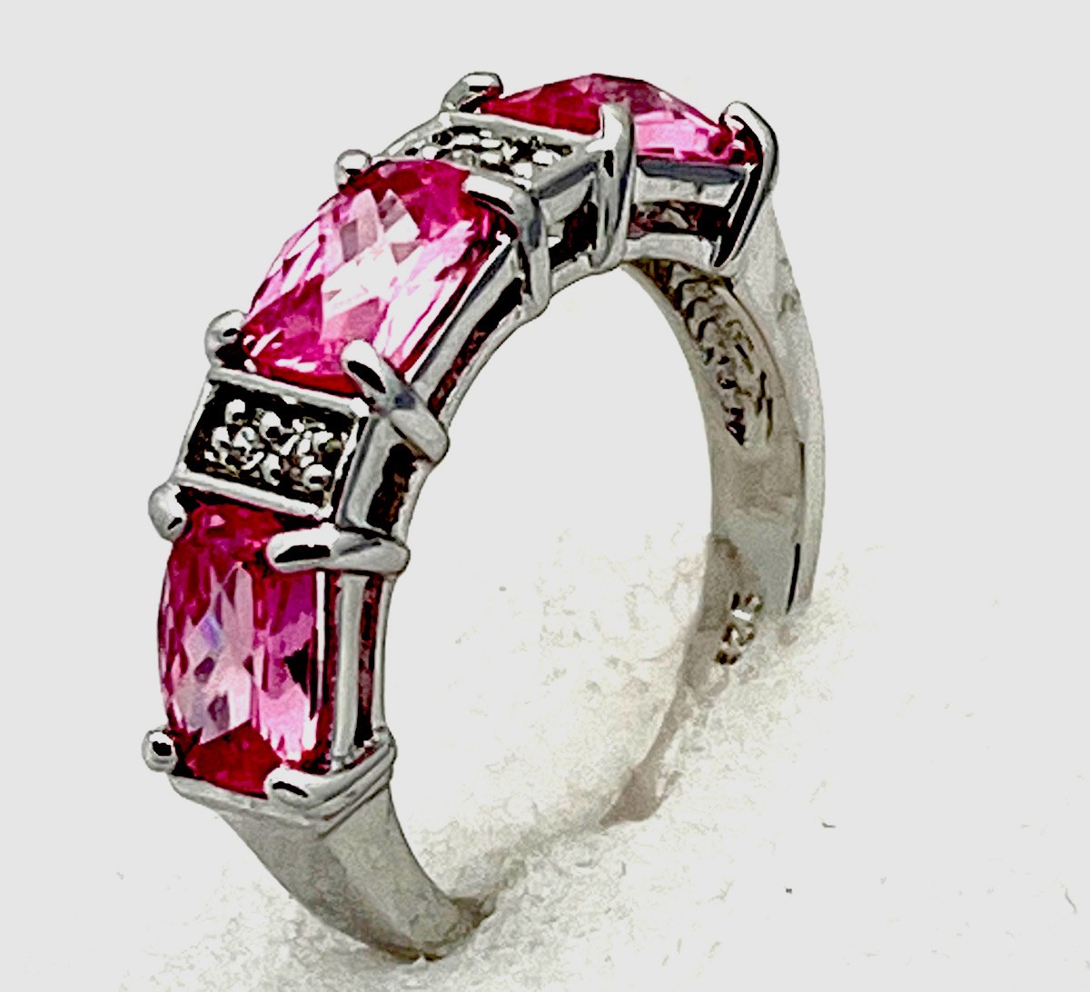 Sterling Silver 925 4.5 Gram Prong Set 3 Pink Oval 4 Clear CZ Ring Size 7