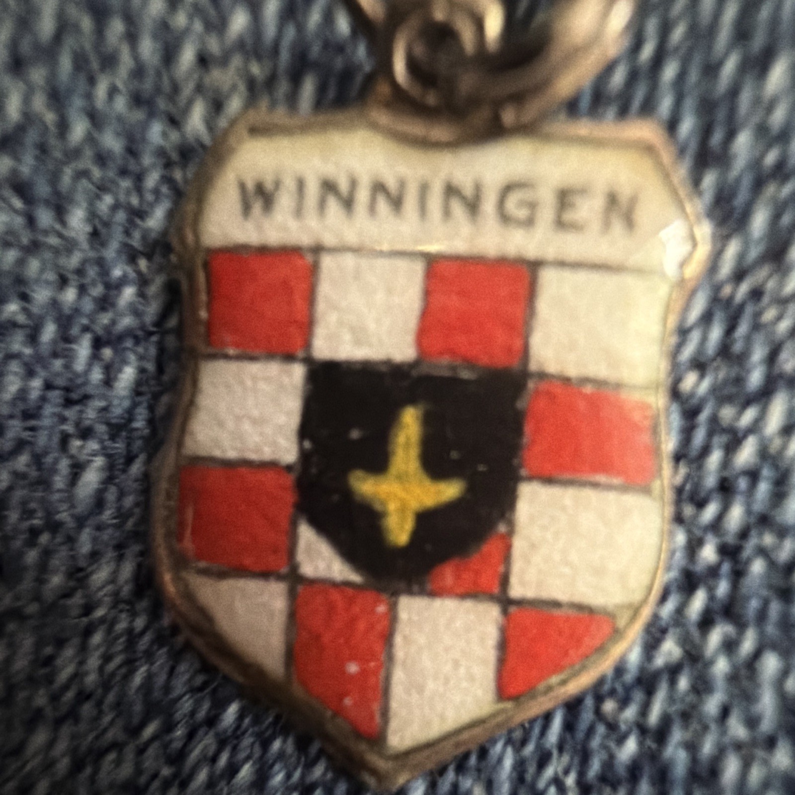 800 Silver Enamel Winningen Shield Dangle Charm Heraldry Signed Spring Ring
