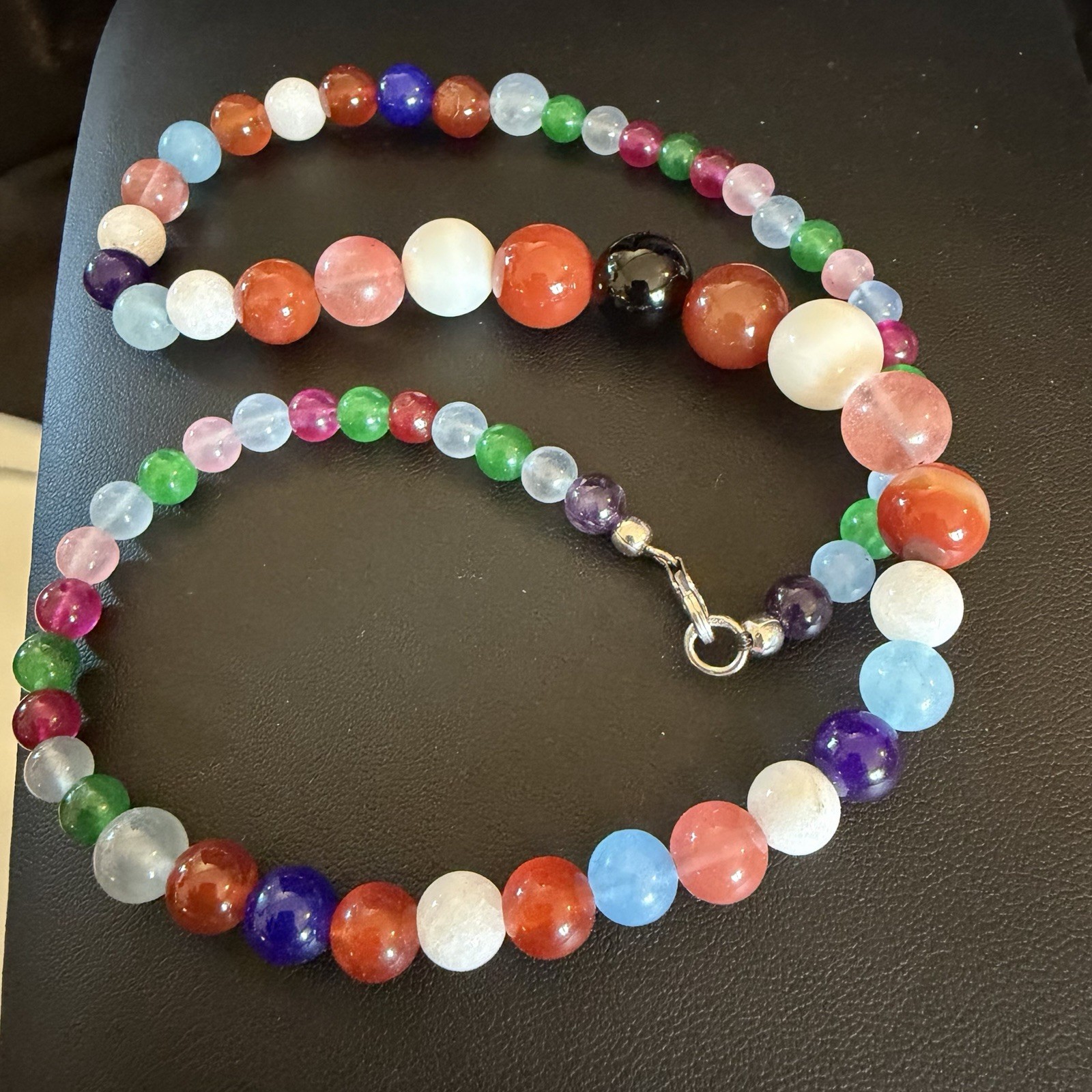 Natural Gemstones Round Smooth Bead Necklace 18” Sterling Silver 45 grams