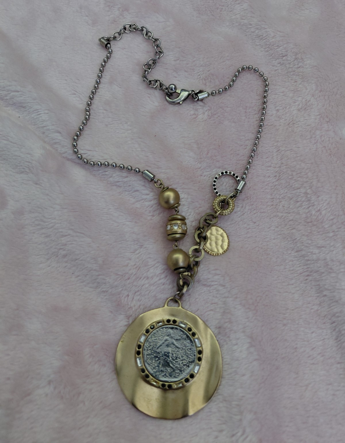 Chico’s Signed Adjustable Gold Tone Round Charm Pendant Ball Chain Necklace