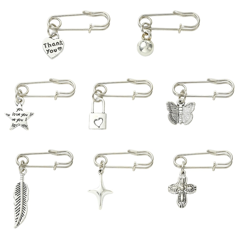 8pcs Pin Dainty Antique Silver & Platinum Pins Retro Hanging Collar Brooches