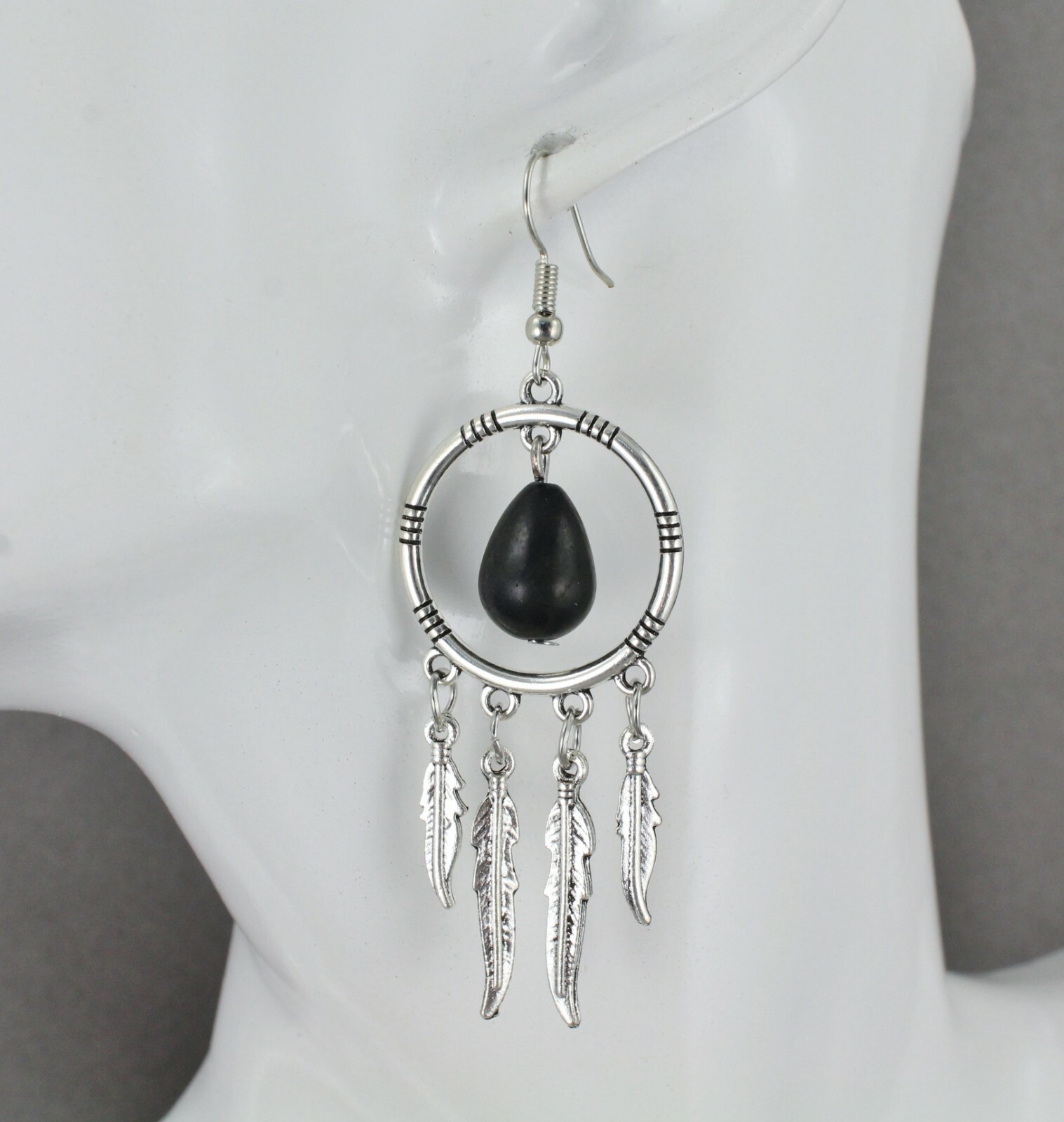 Silver dream catcher earrings dangle feather black bead lightweight 2.75″ long