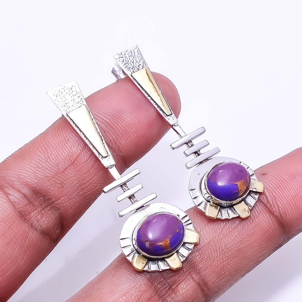 Copper Purple Turquoise Gemstone Gemstone 925 Silver Two Tone Earring 1.95″ E50