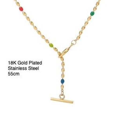 18K Gold Plated Stainless Steel Lariat Necklace Multi Color Enamel Beads 55cm