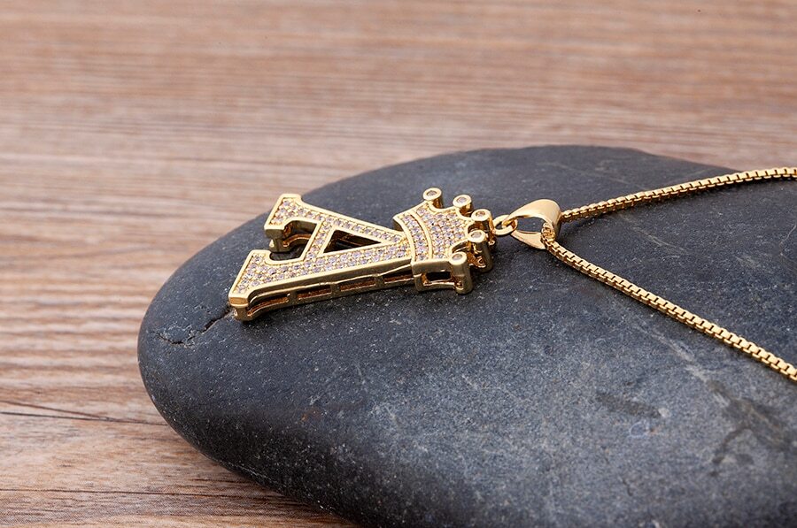Hip Hop Fashion Jewelry Gold CZ Crown Letter Initial Pendant Necklace 1-165