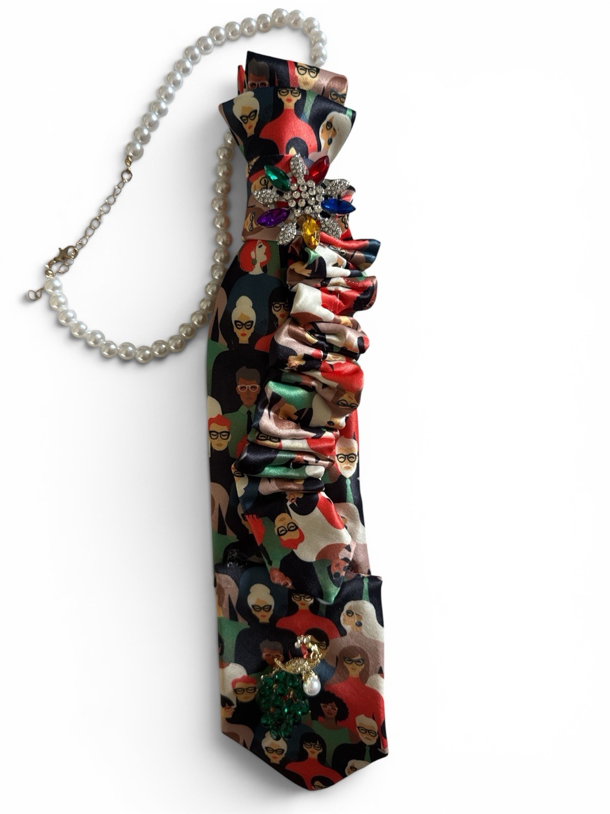 Unique Necktie necklace. Hand Made, Silk With Gold Brooches