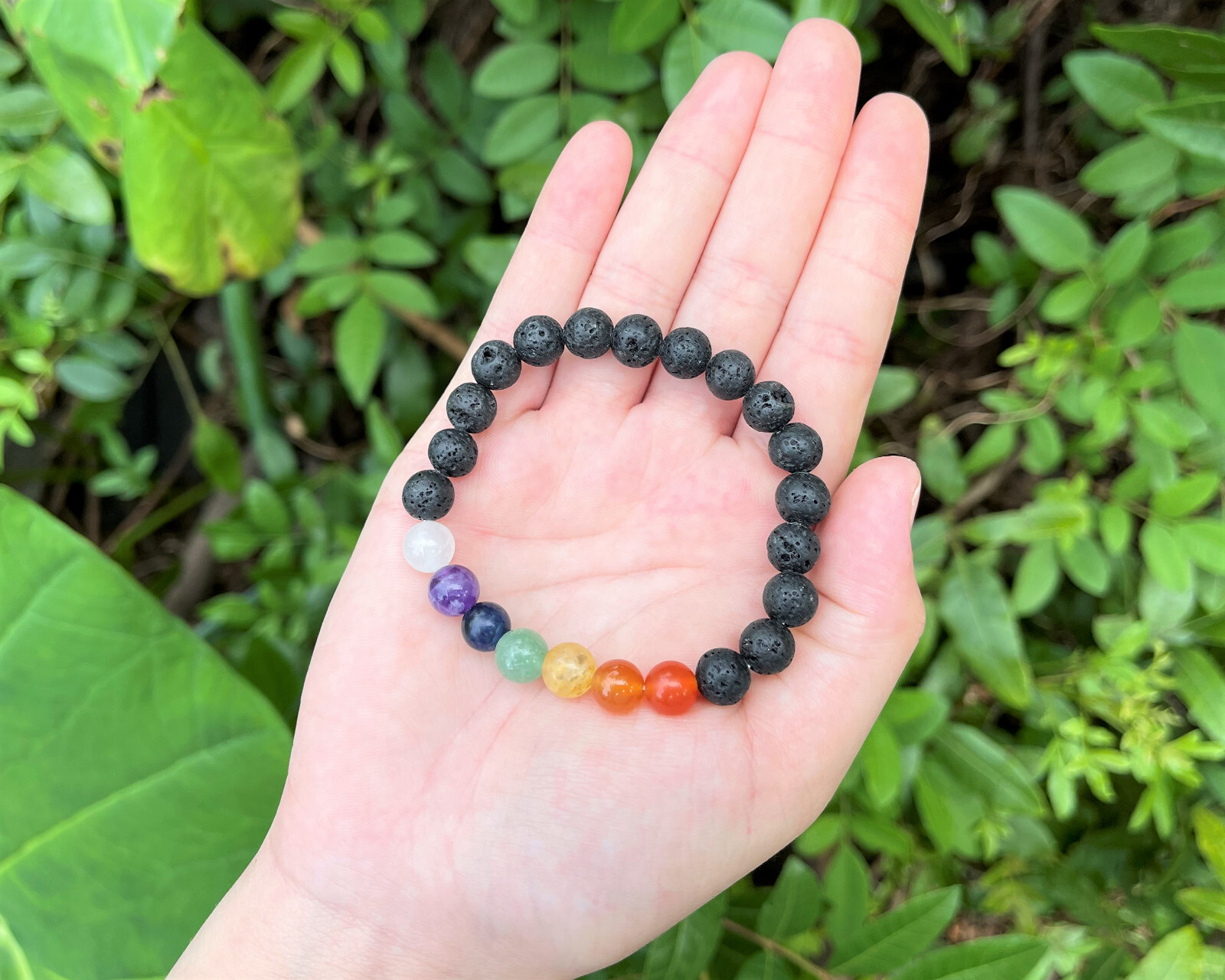 7 Chakra Lava Rock Bead Bracelet: 8 mm Round Crystals (Chakra Stretch Bracelet)