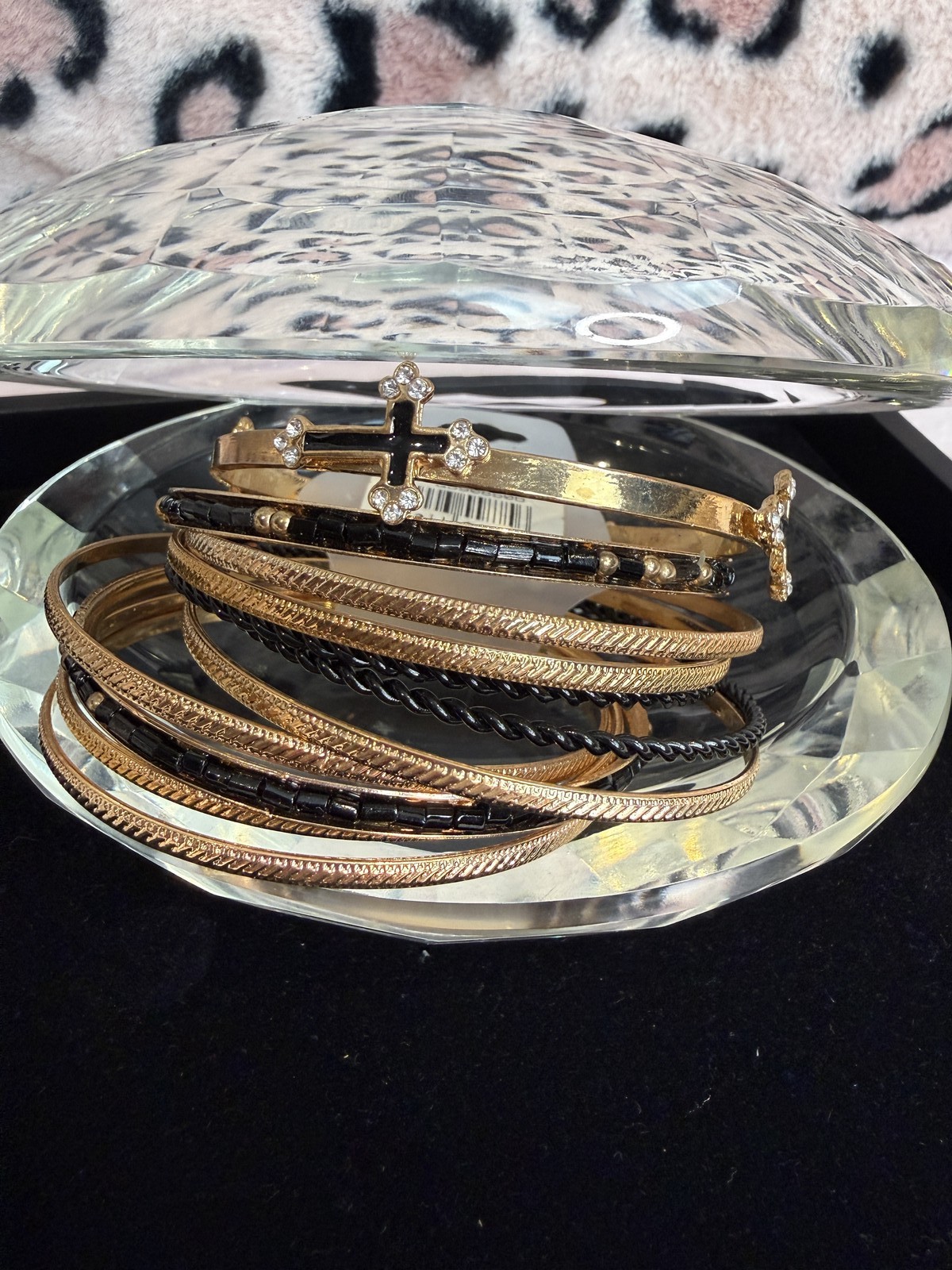 Gold Tone Bangle Bracelet Set Boho Stacked Bangles Black Beads Cross Charm