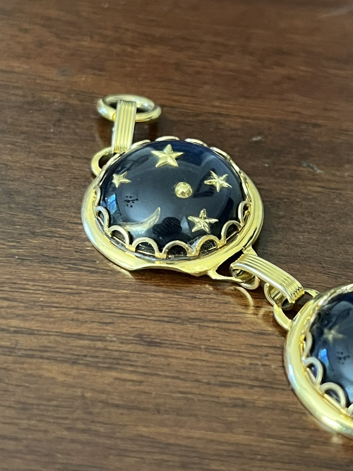Blue and Gold Tone Celestial Bracelet Moon Stars Glass Dome 7.25″