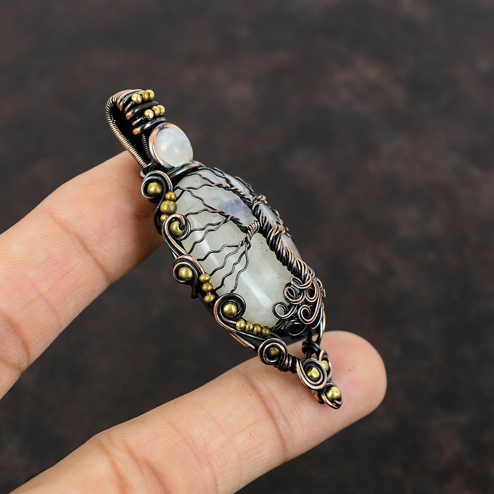 Rainbow Moonstone Copper Mom Gift Wire Wrapped Tree Of Life Pendant 2.76″