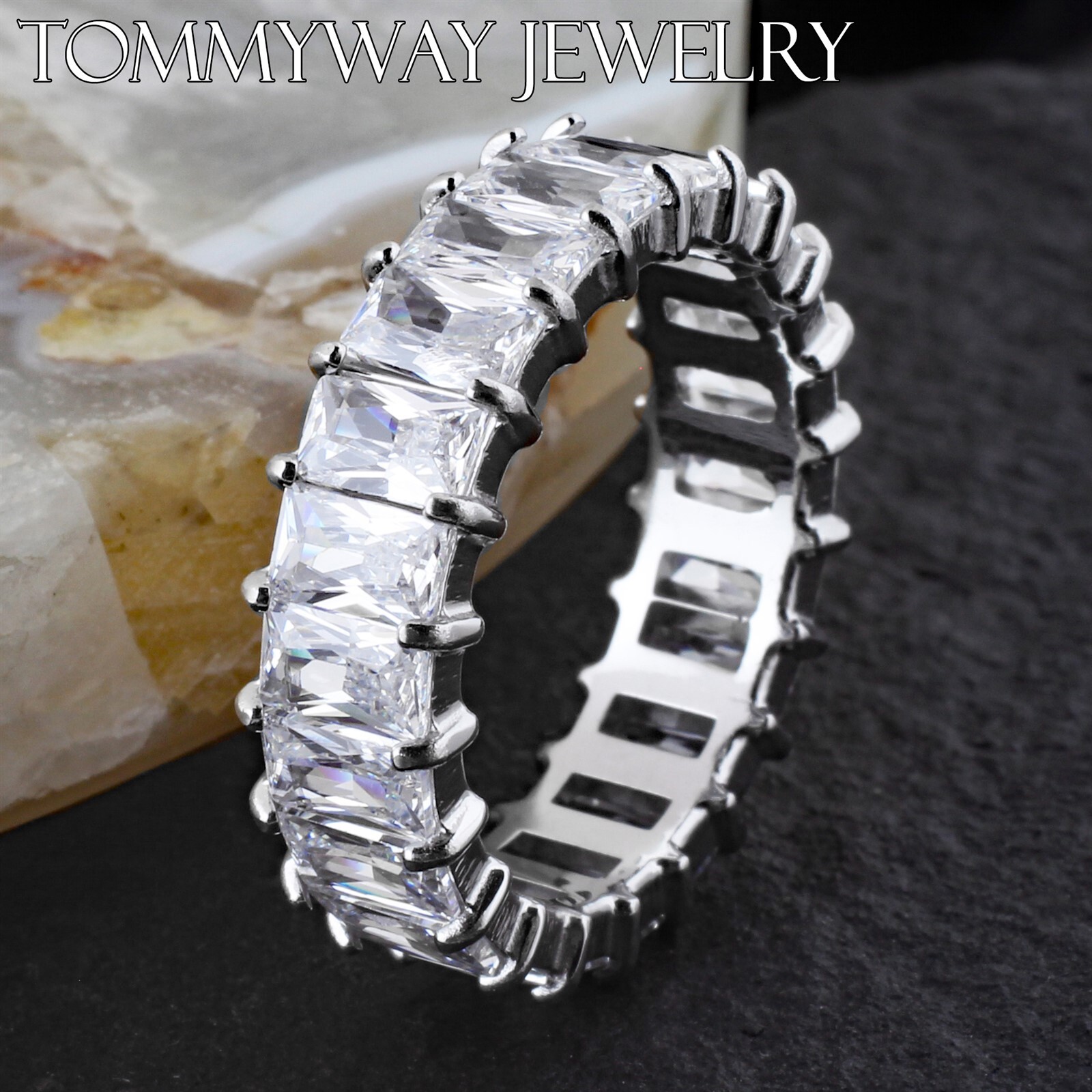 Gorgeous Stainless Steel Emerald Cut CZ Infinity Wedding Band Ring