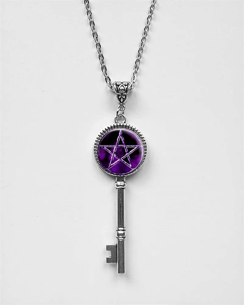Silver Pentagram Key Necklace Zinc Alloy Pendant Gothic Occult Jewelry 1.75 Inch