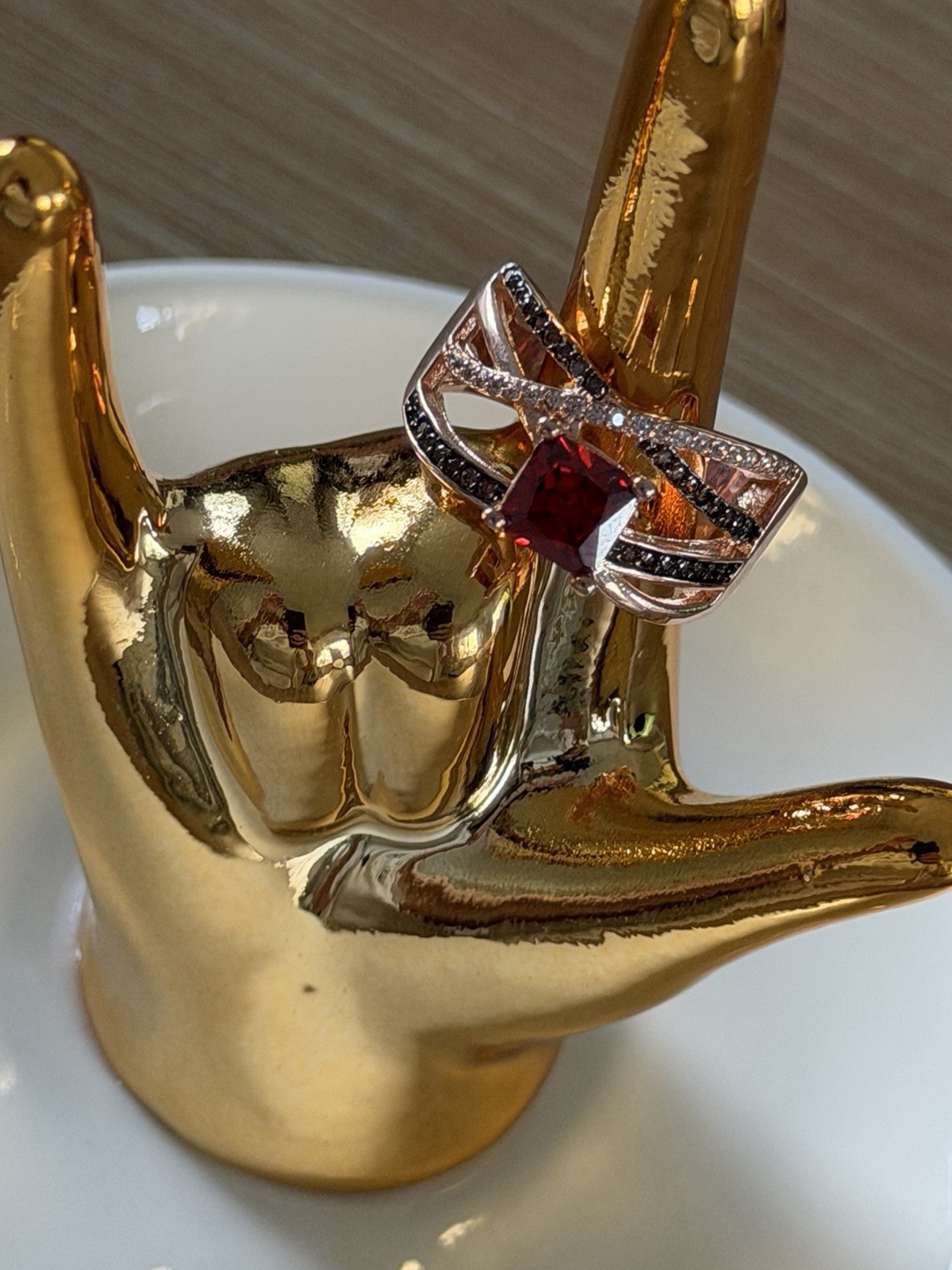 Rose Gold Plated Band Ring Size 7 Red Square Stone Prong Set Accents